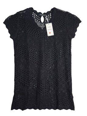 NWT | Onyx Black Crochet Knit Cover Up Scalloped Hem Keyhole Back | Sma